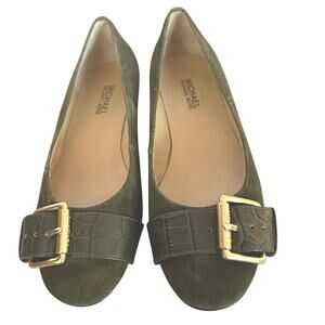 Michael Kors Fulton Womens Size 7M‎ Flat Dress Shoes Green Suede Leather Buckle